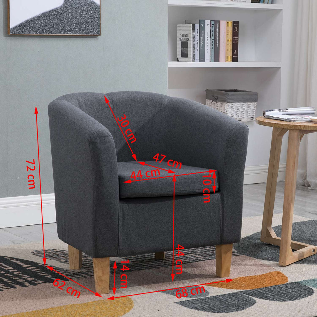 Dimensions of a grey tub chair in a living room setting.