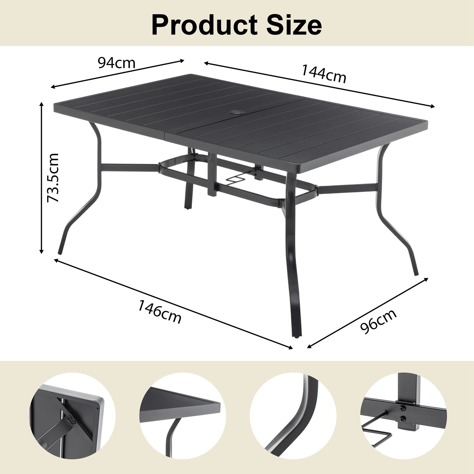 BIRCHTREE 144x94cm Garden Metal Table Black