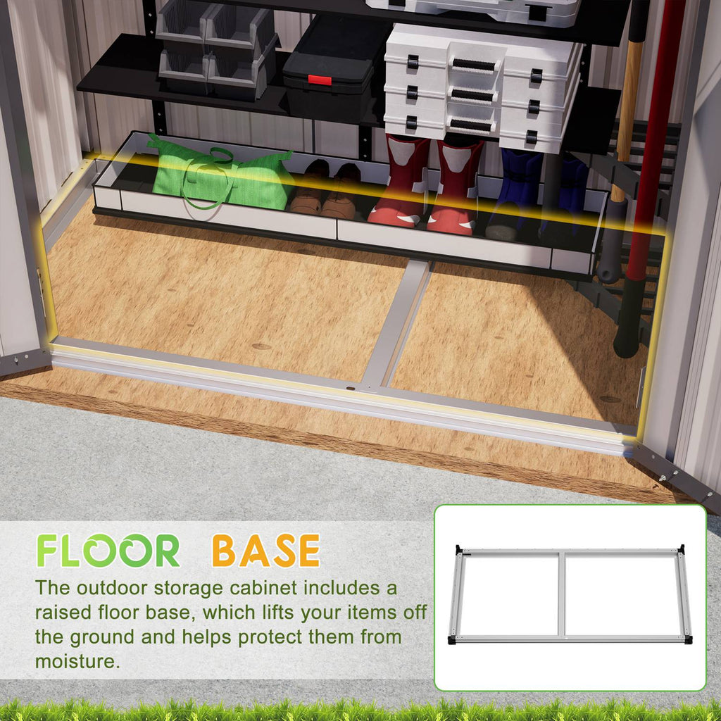 Outdoor storage shed with apex roof and a raised floor base for item protection