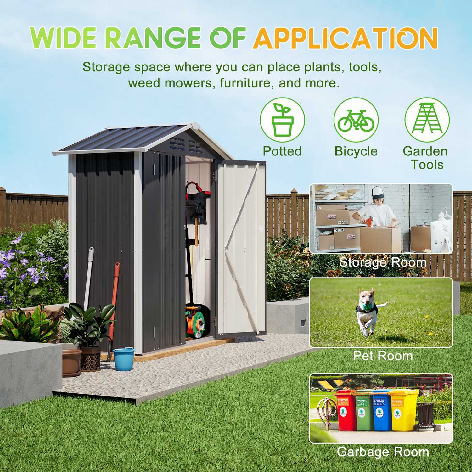 Outdoor storage shed with apex roof and various items and text about its wide range of application.