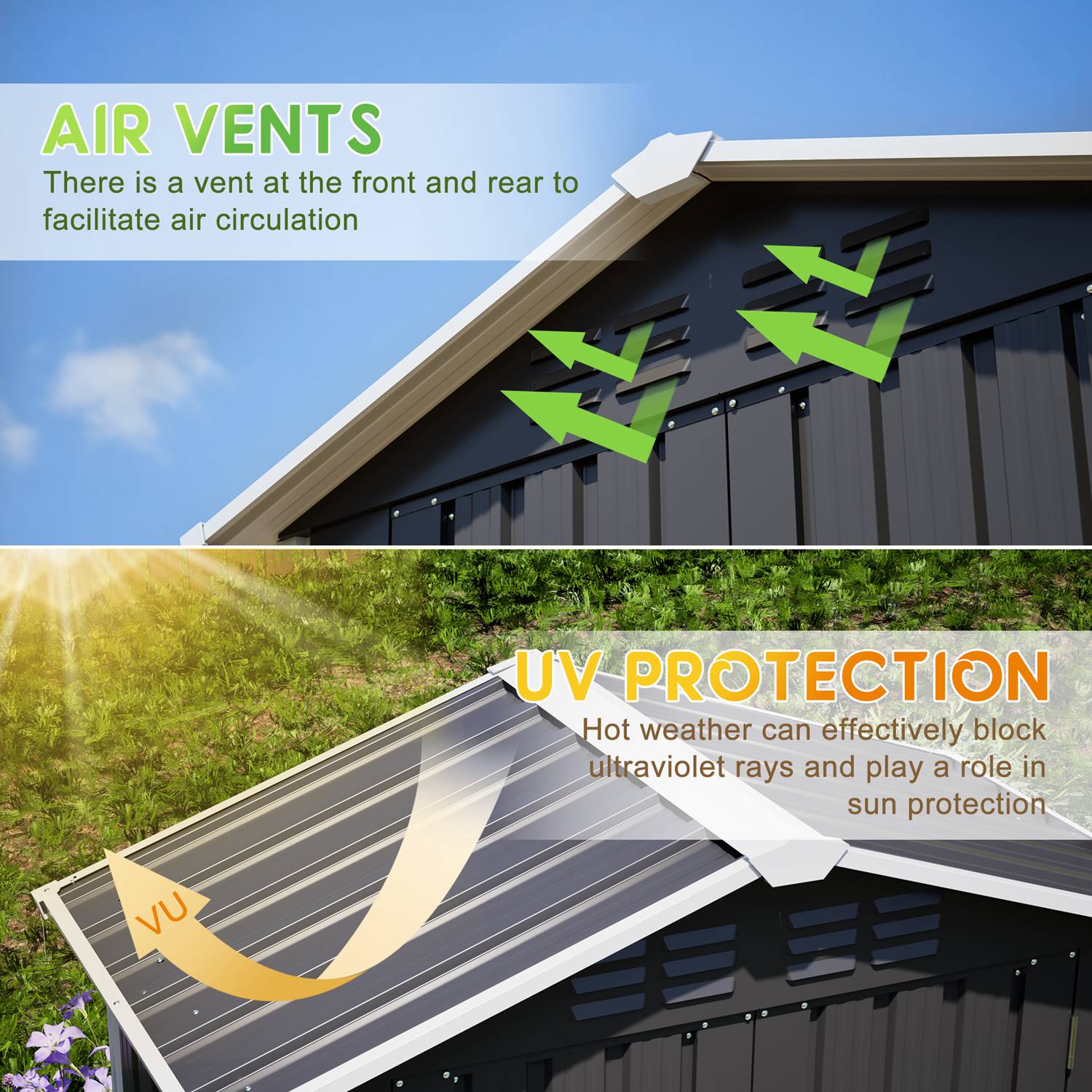 Apex roof with air vents and UV protection features, showing text about air circulation and UV blocking.