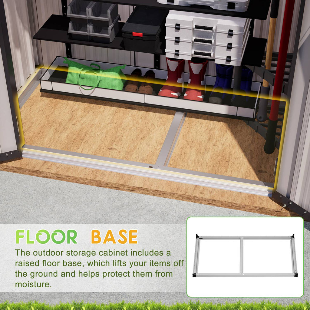 Outdoor storage shed with apex roof and a raised floor base for item protection