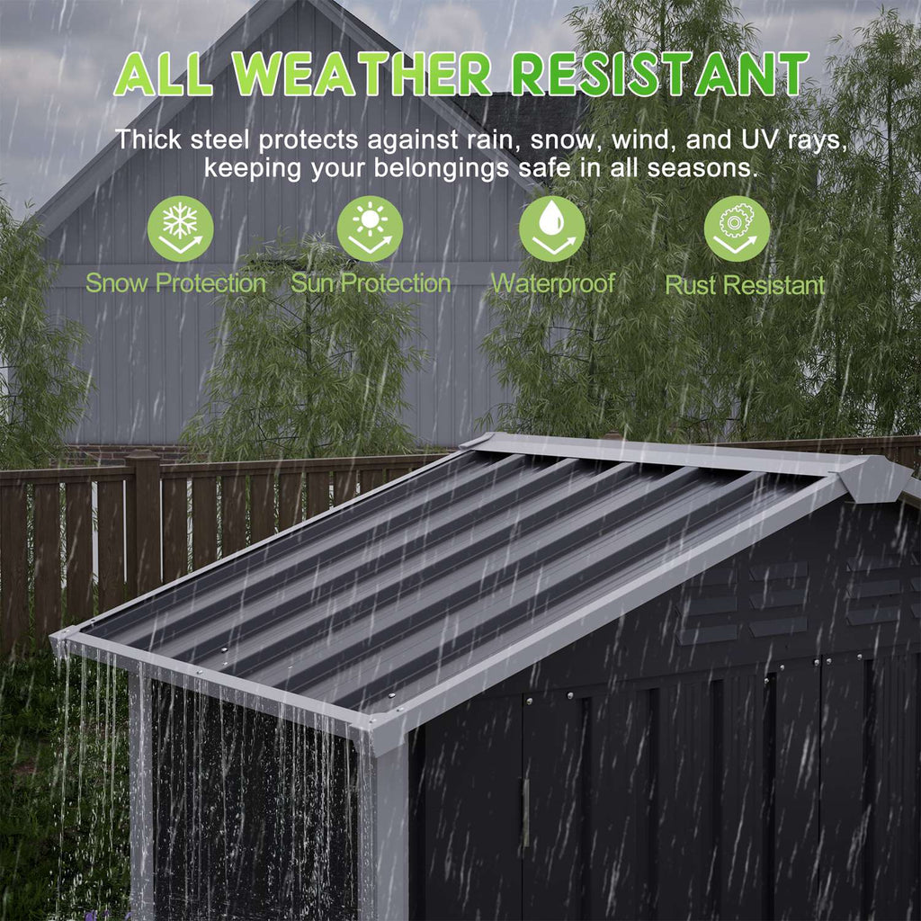 All-weather resistant metal apex roof on a shed with rain and snow protection features.