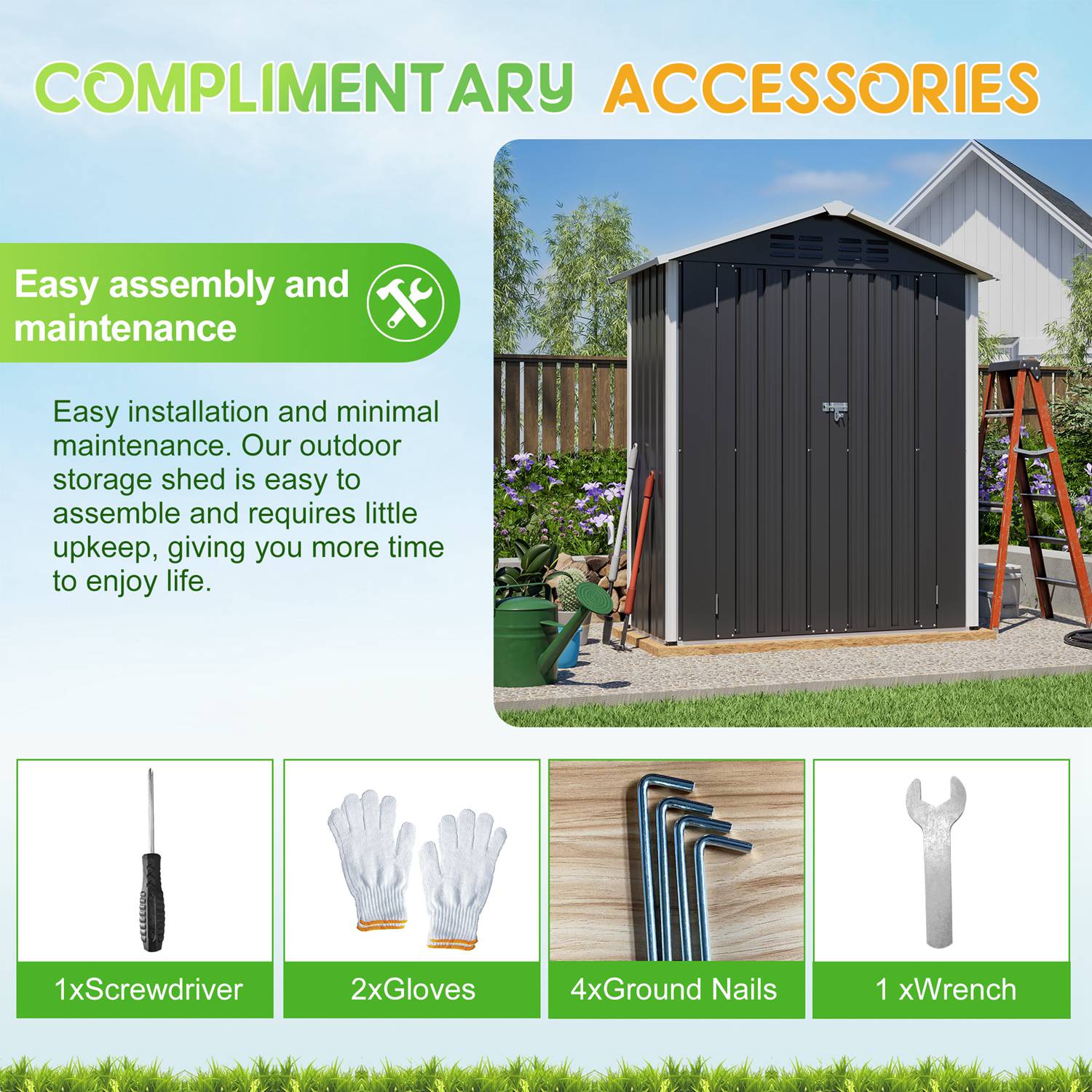 Outdoor storage shed with apex roof and tools and accessories for assembly and maintenance on a green background