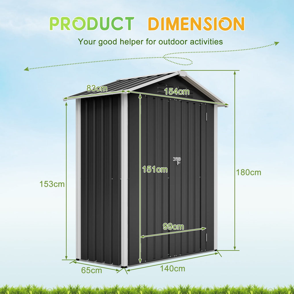 Dimensions of a small storage shed with apex roof and measurements labeled on a light blue background.