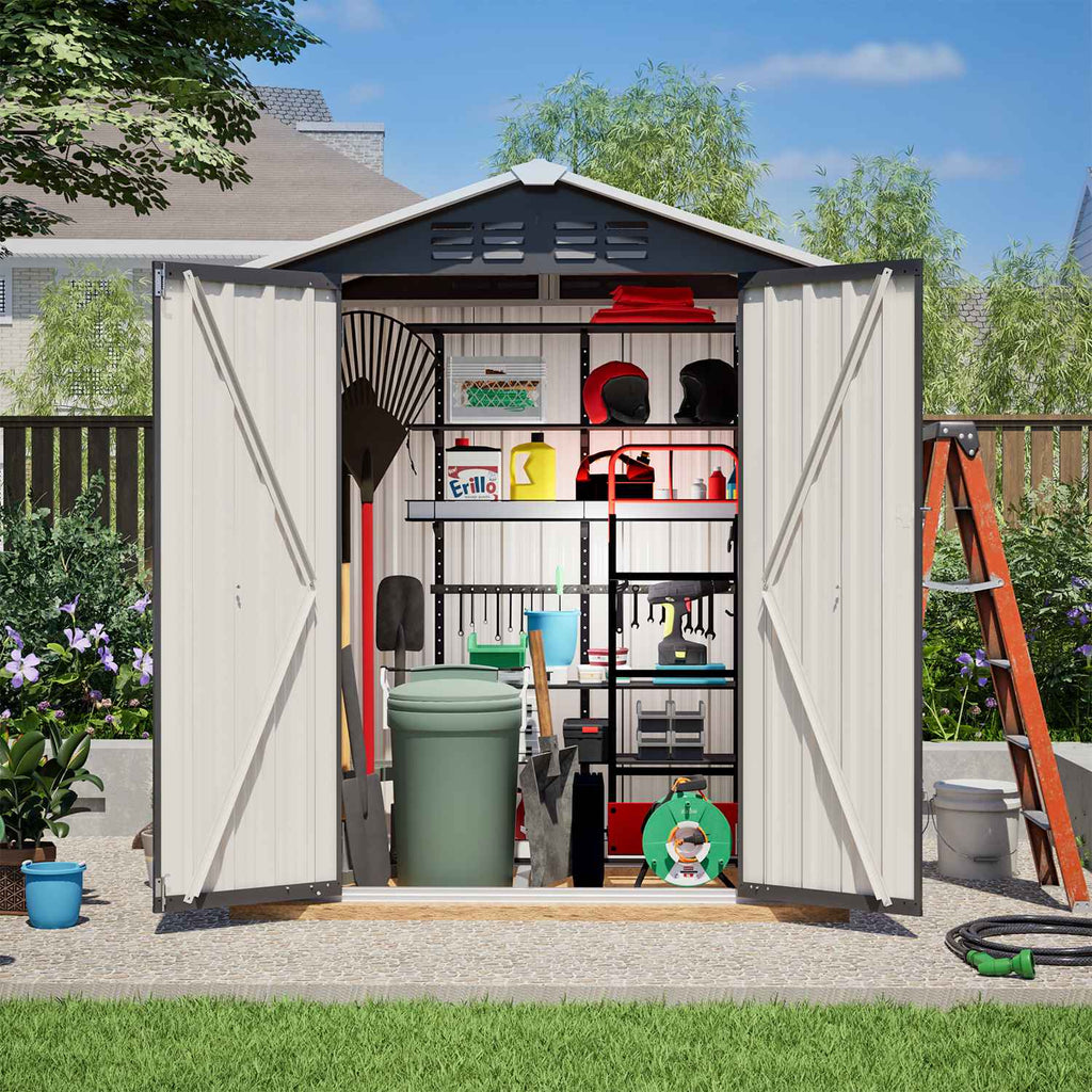 Storage shed with apex roof and open doors showing various items in a garden setting