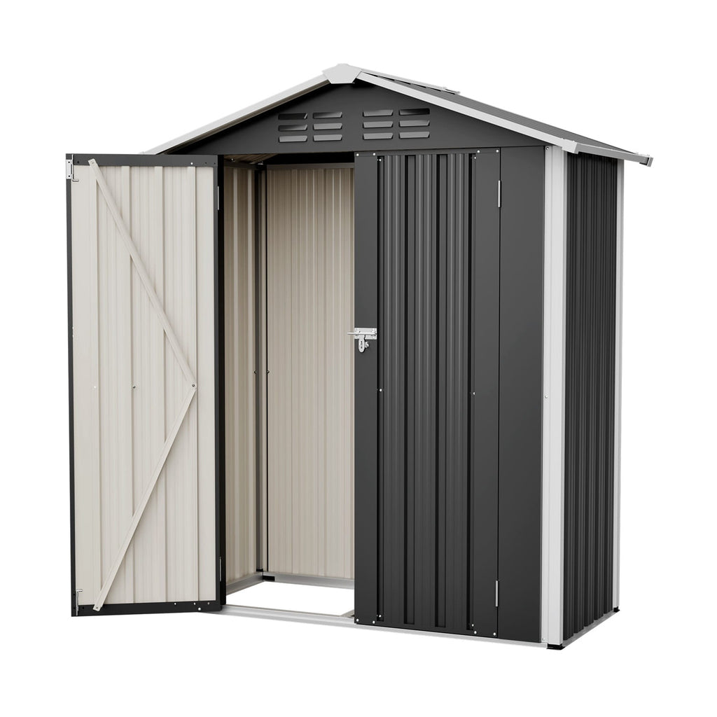 Metal storage shed with an apex roof and a black exterior and beige interior door on a white background