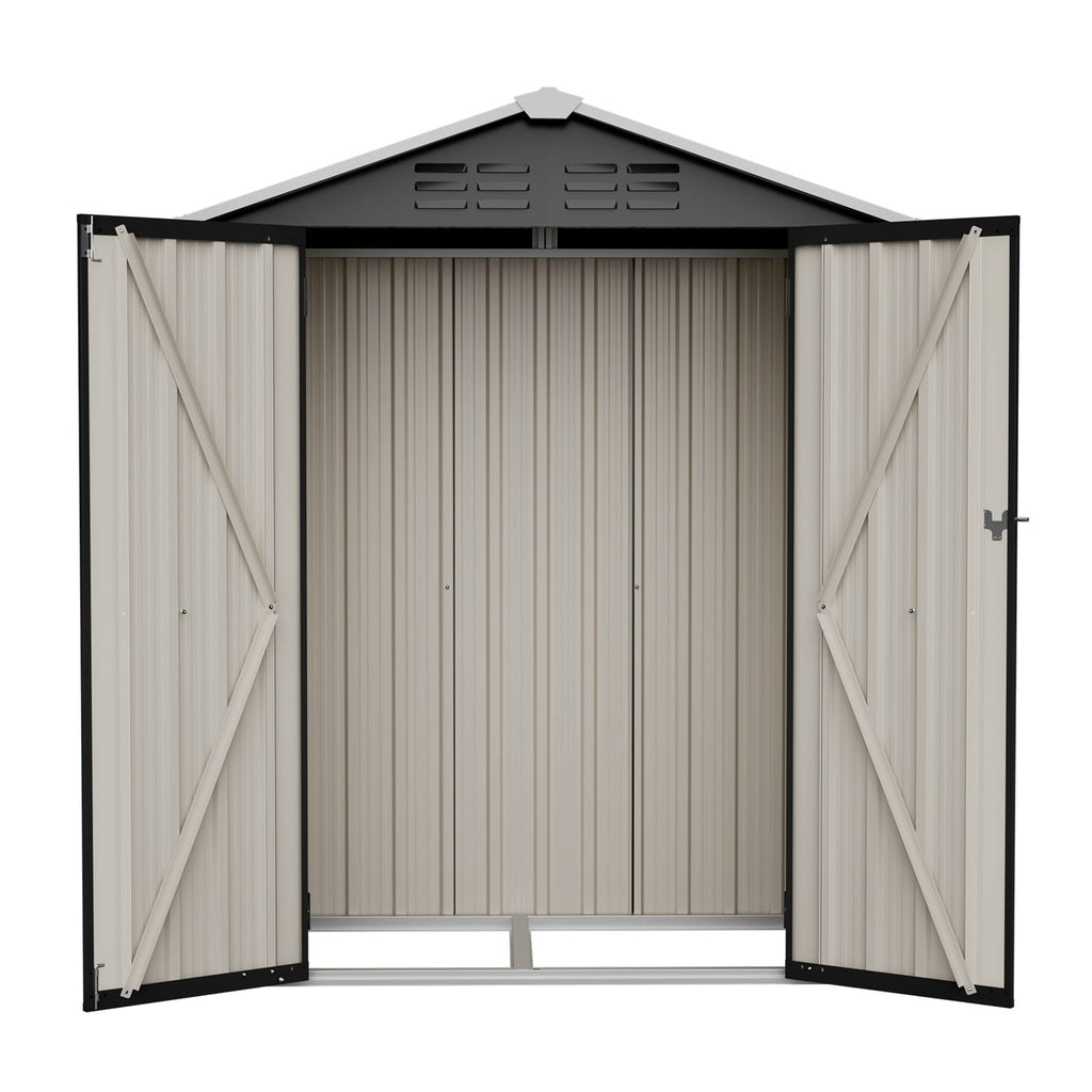 Metal storage shed with an apex roof with open doors on a white background