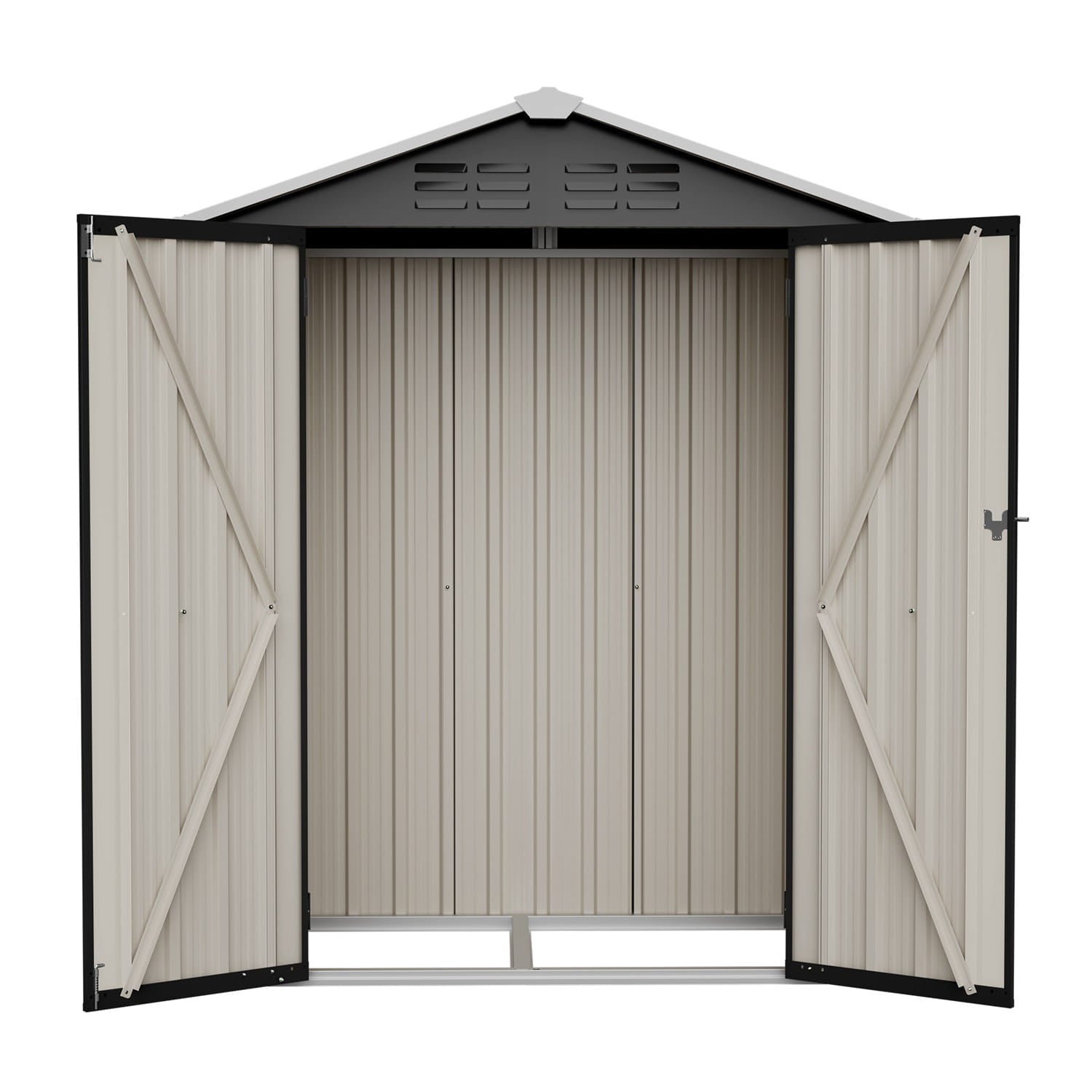 Metal storage shed with an apex roof with open doors on a white background