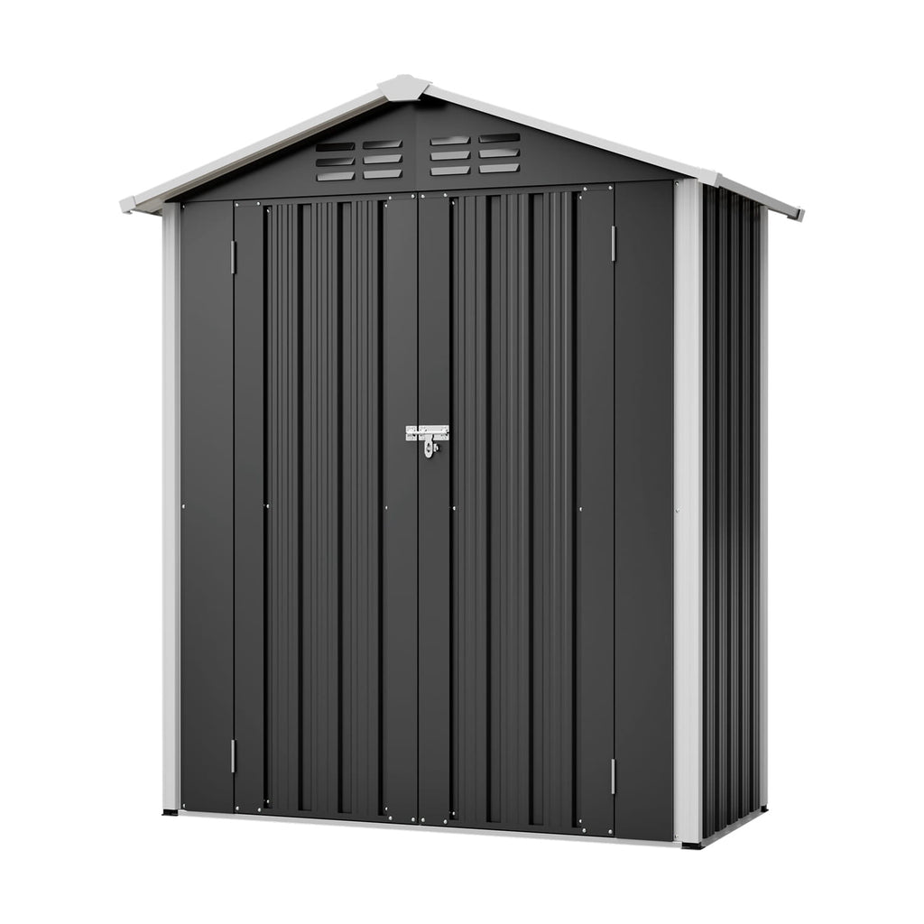 Black metal storage shed with apex roof and a white trim on a white background