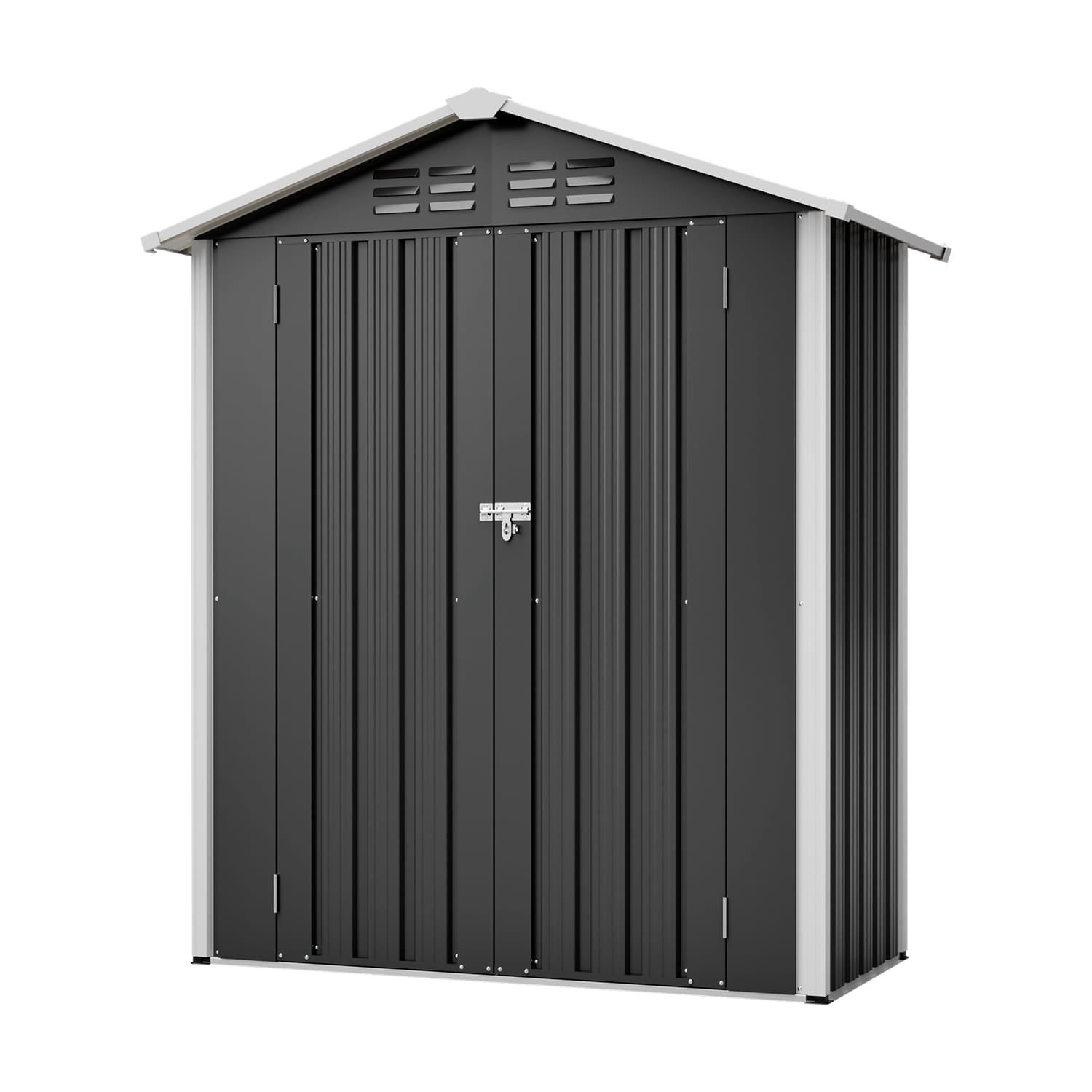 Black metal storage shed with apex roof and a white trim on a white background