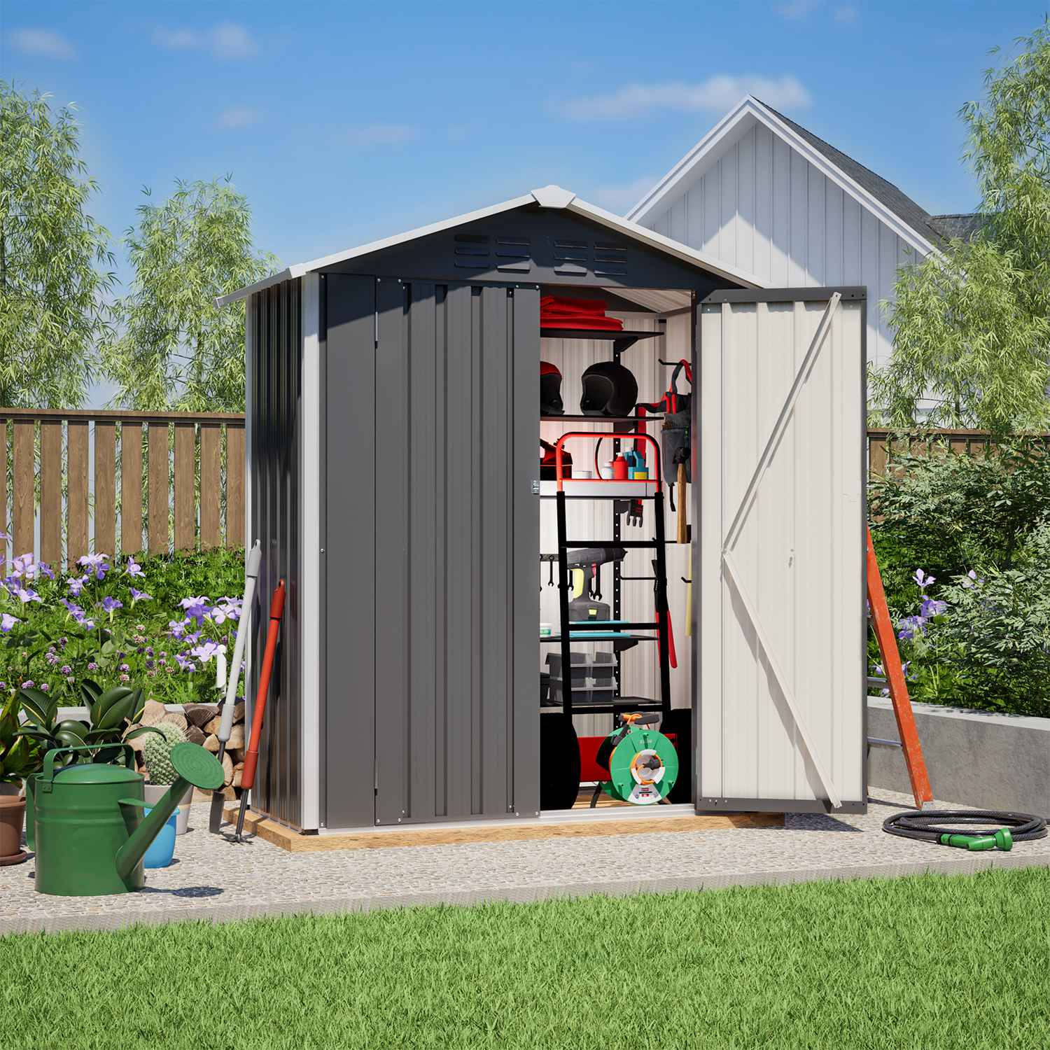 Metal garden shed with apex roof tools and equipment on a sunny day
