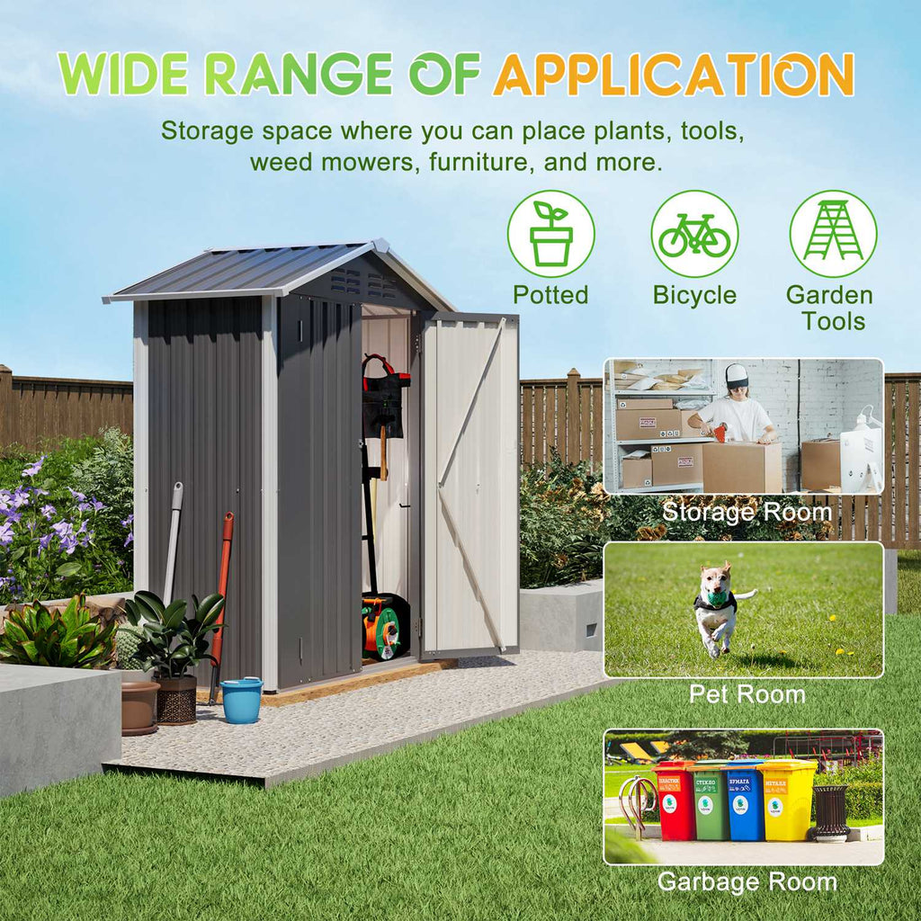 Outdoor storage shed with apex roof and various items and text about its wide range of application.