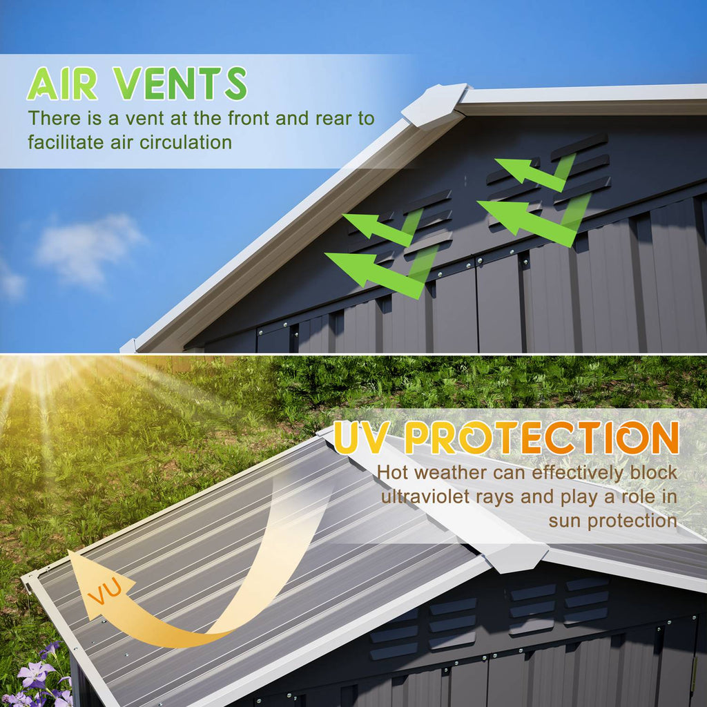 Apex roof with air vents and UV protection features, showing text about air circulation and UV blocking.