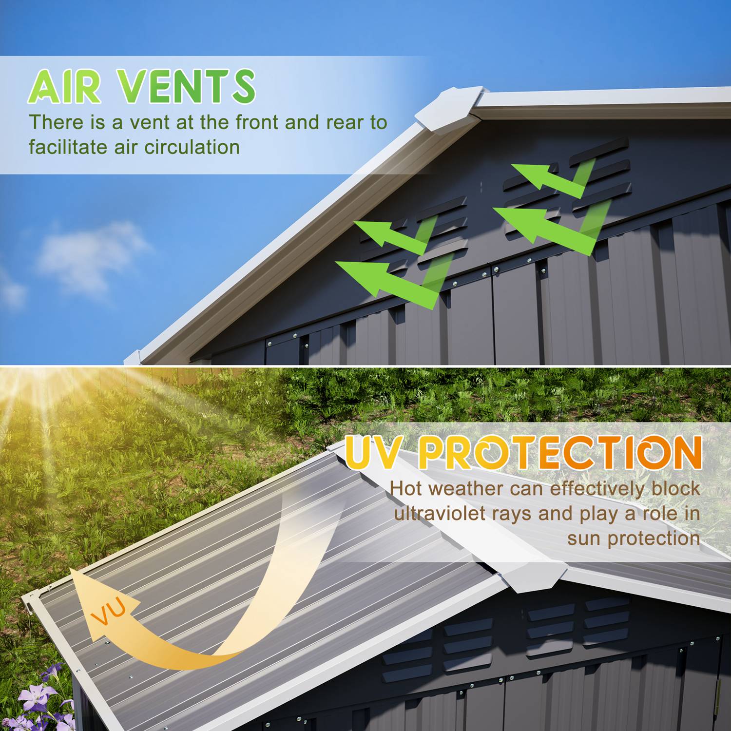 Apex roof with air vents and UV protection features, showing text about air circulation and UV blocking.