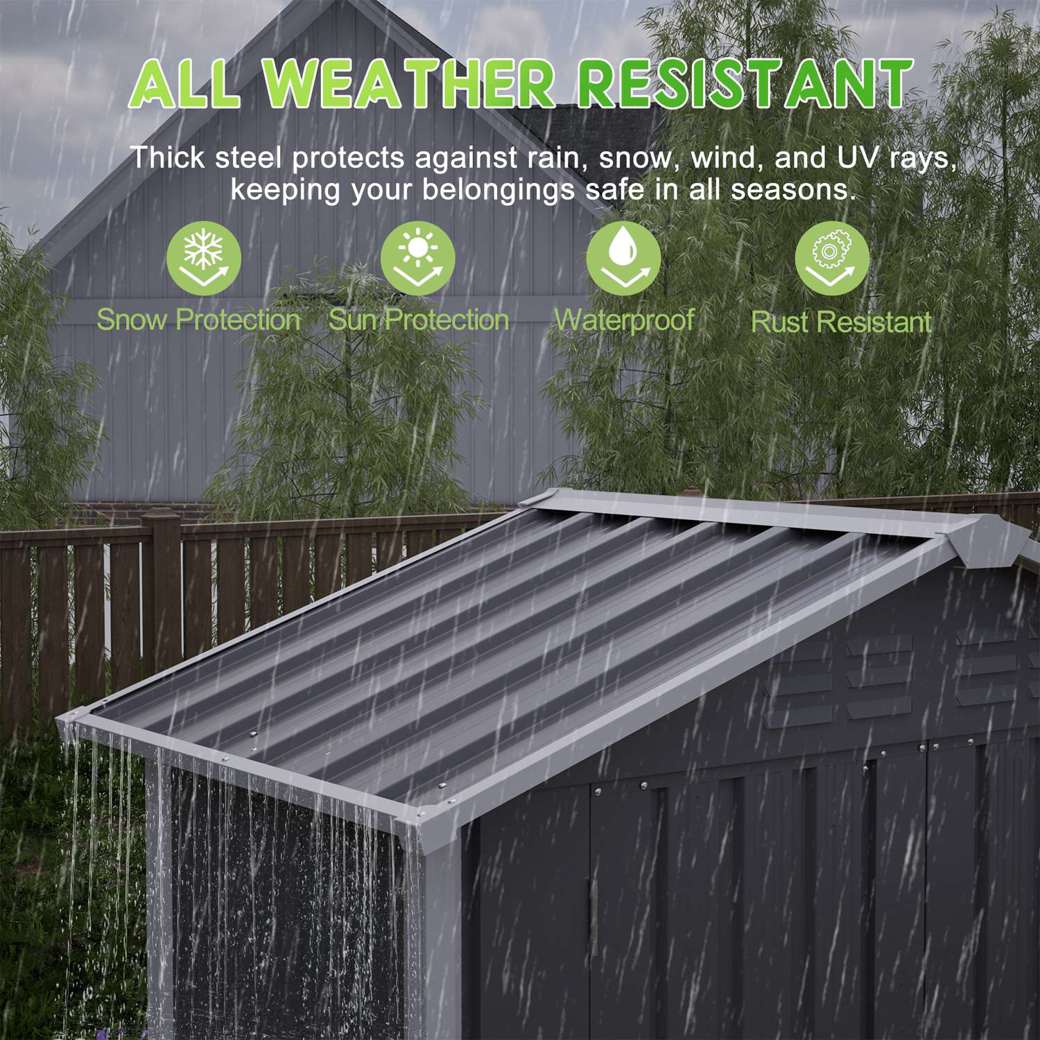 All-weather resistant shed with apex roof and rain protection features displayed.
