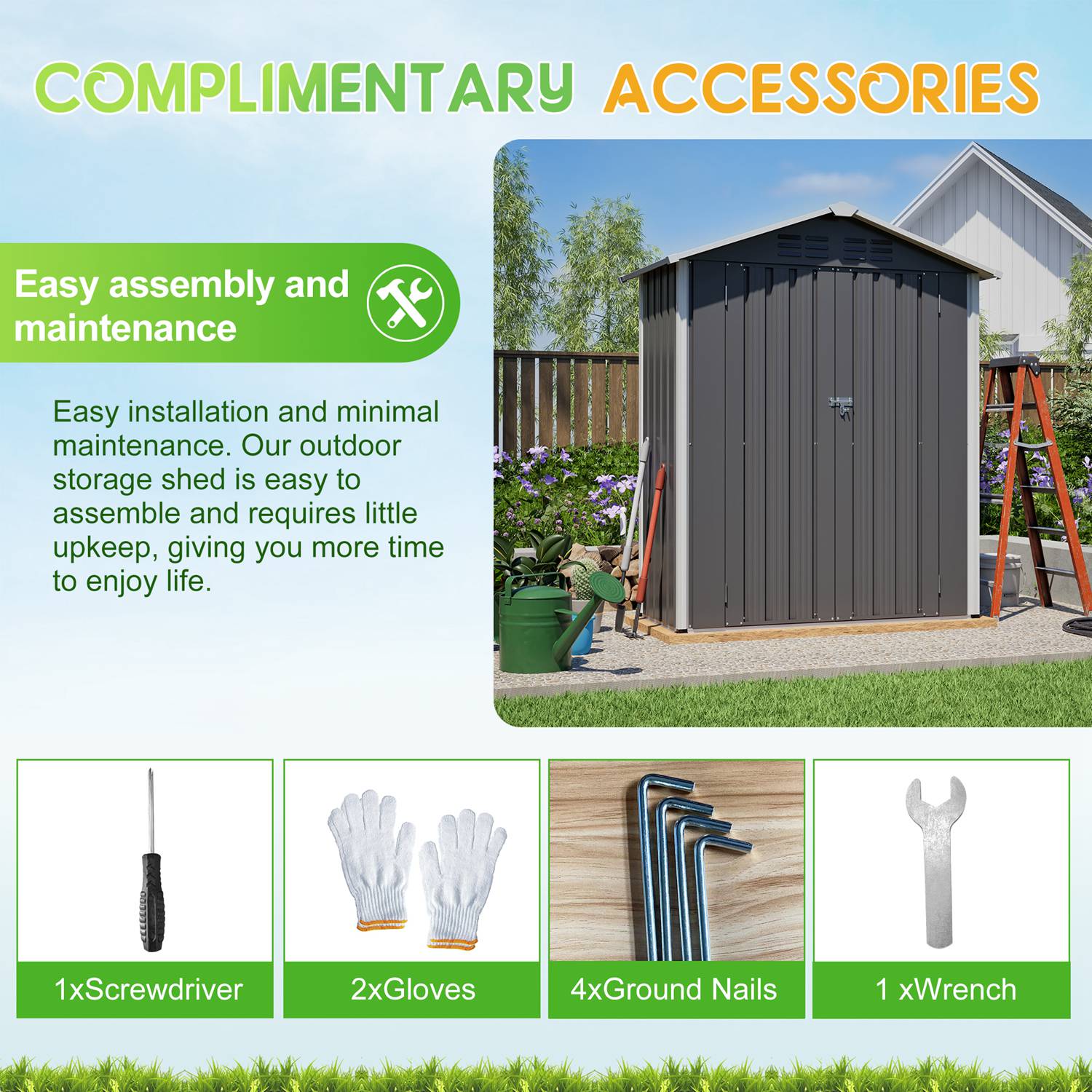 Outdoor storage shed with apex roof and tools and accessories for assembly and maintenance.