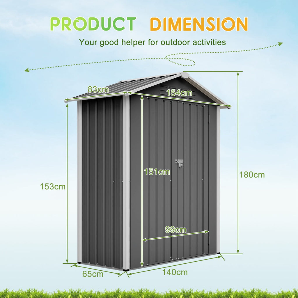 Dimensions of a small storage shed with apex roof and measurements on a light blue background