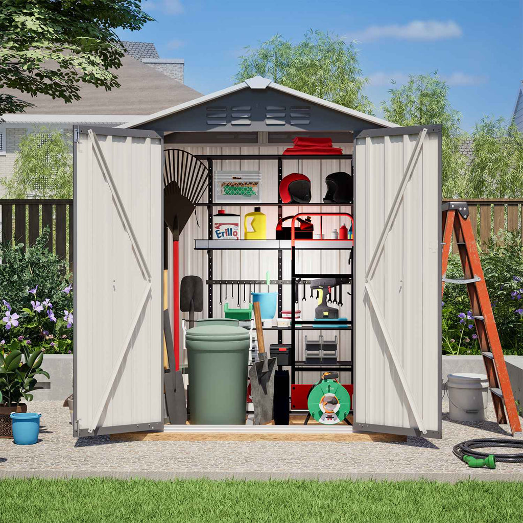 Storage shed with apex roof and open doors showing various items in a garden setting