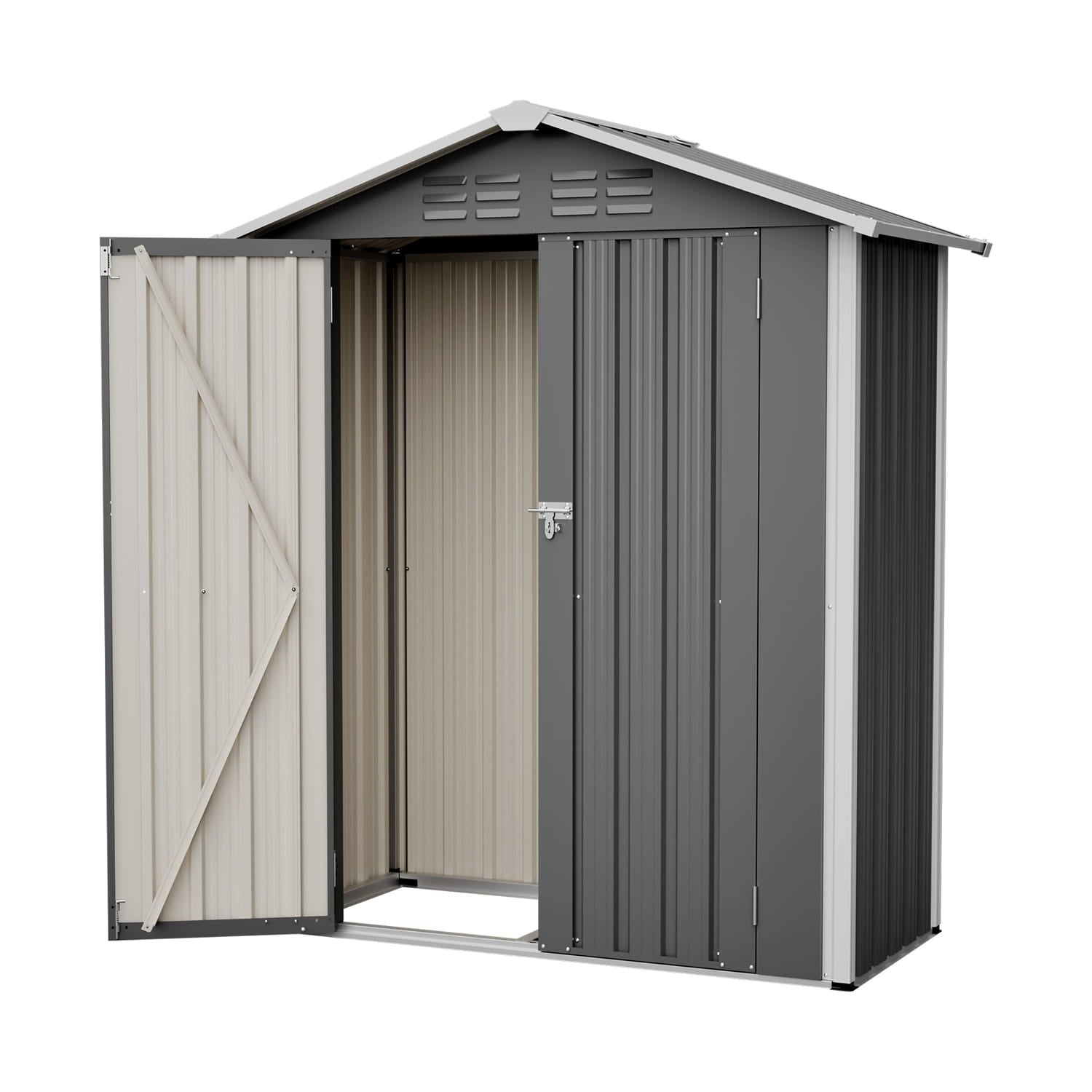 Grey metal storage shed with an apex roof and a white door on a white background
