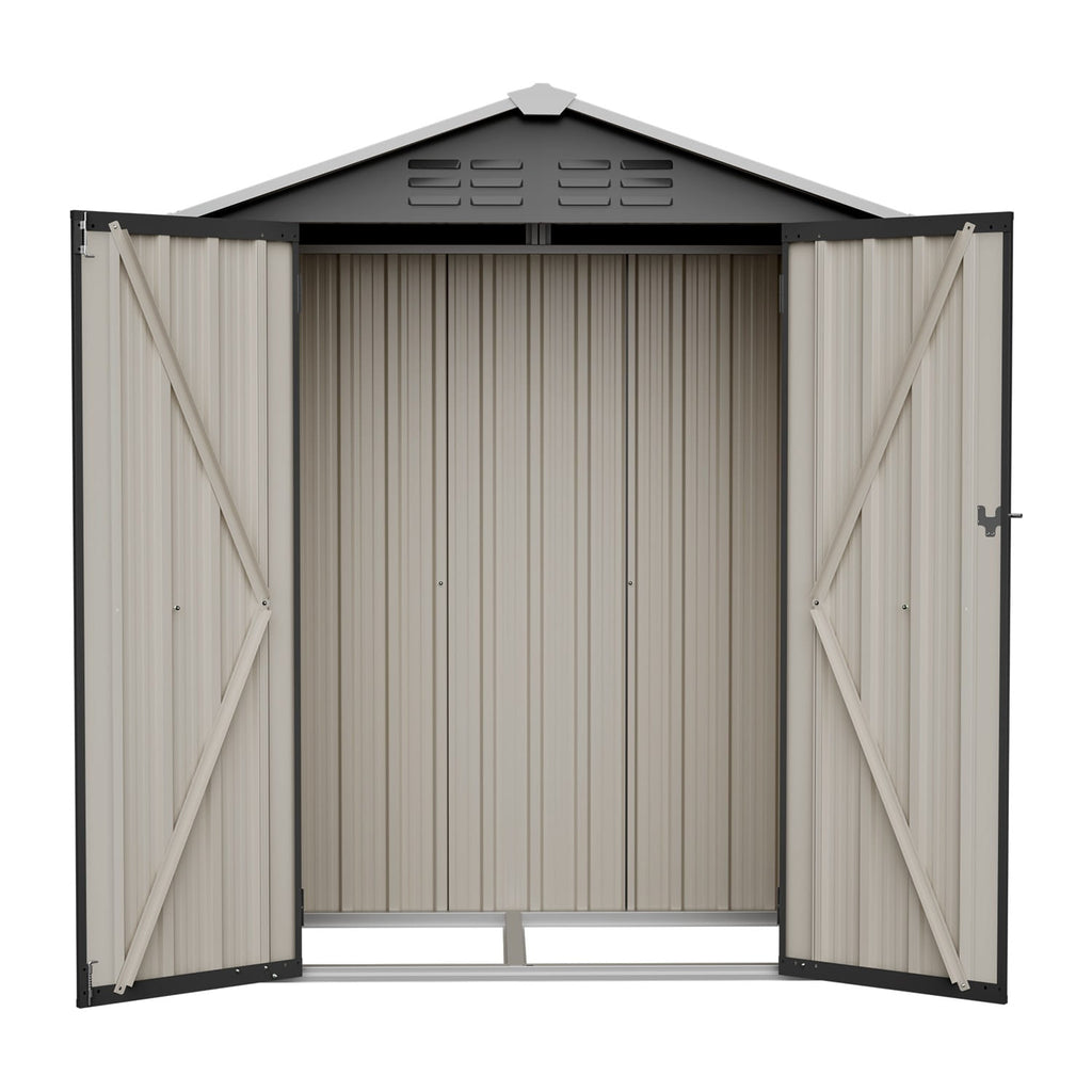 Metal storage shed with apex roof with open doors on a white background
