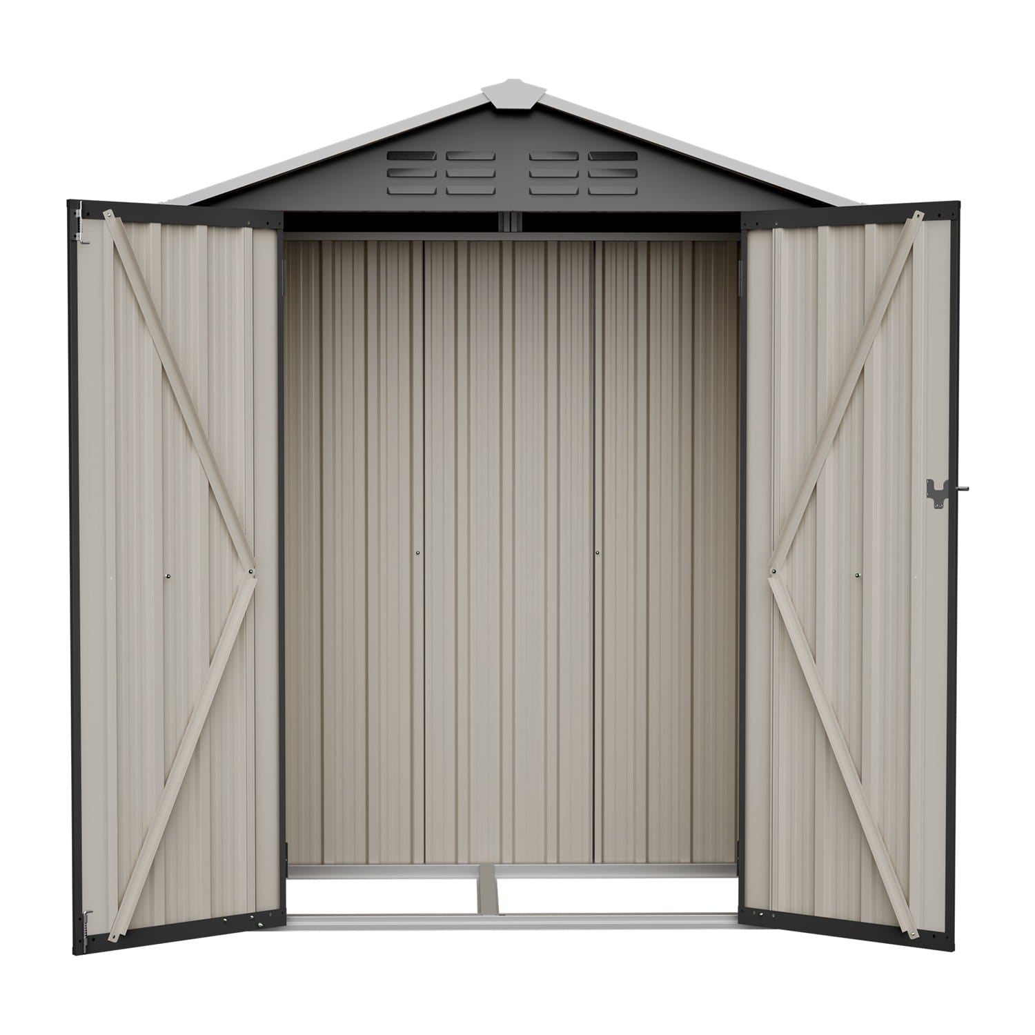Metal storage shed with apex roof with open doors on a white background