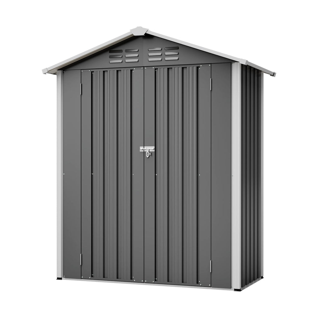 Grey metal storage shed with an apex roof on a white background