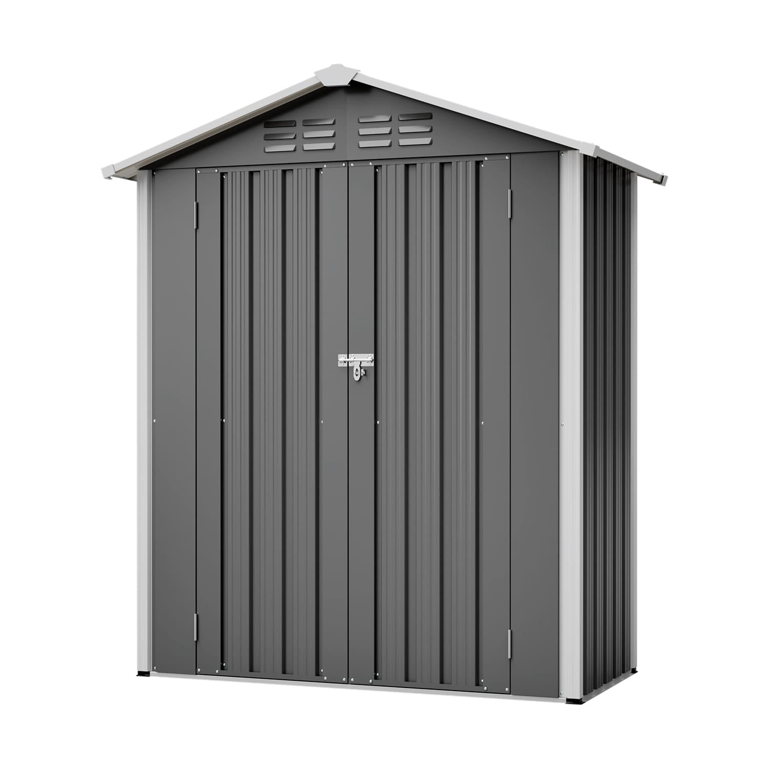 Grey metal storage shed with an apex roof on a white background