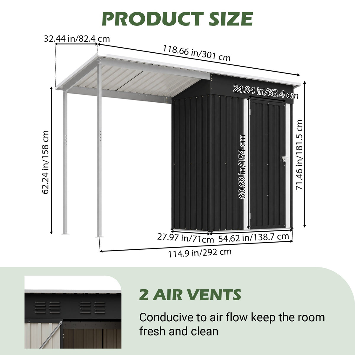 BIRCHTREE Garden Shed With Extended Roof 10x2.7FT