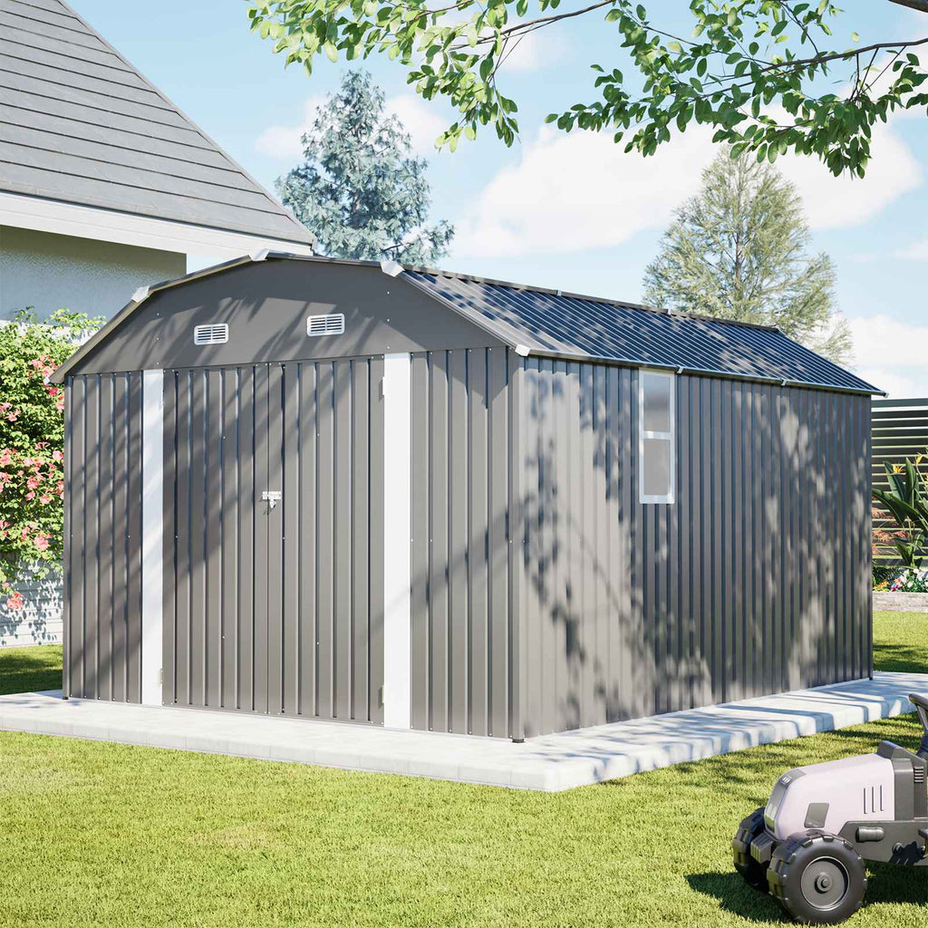 BIRCHTREE 10x12ft Gambrel Roof Metal Garden Shed Lockable Doors Window & Vents