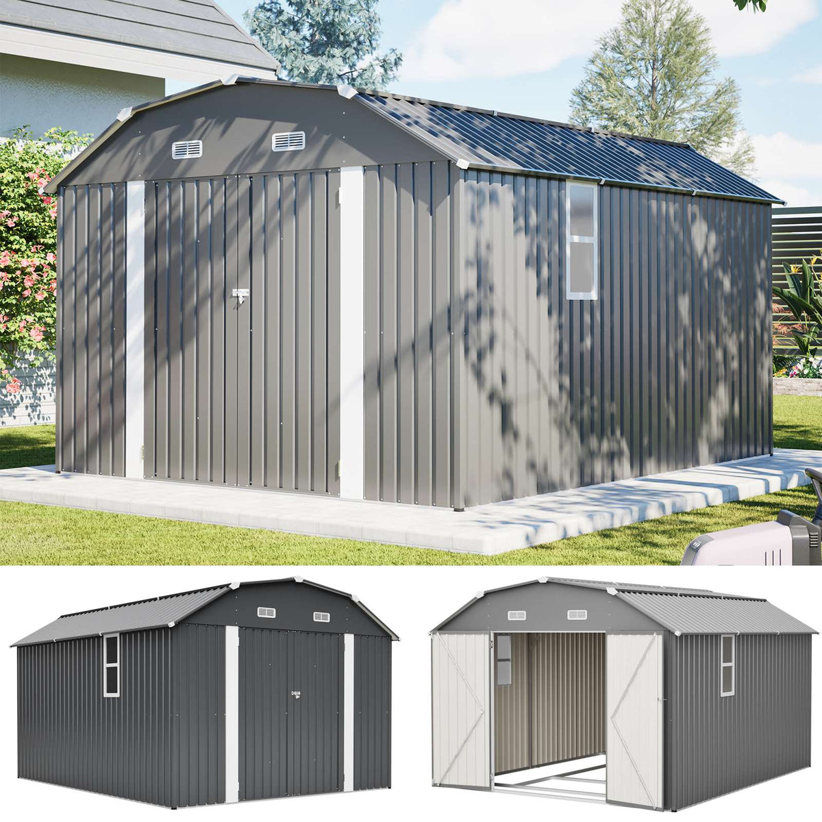 BIRCHTREE 10x12ft Gambrel Roof Metal Garden Shed Lockable Doors Window & Vents