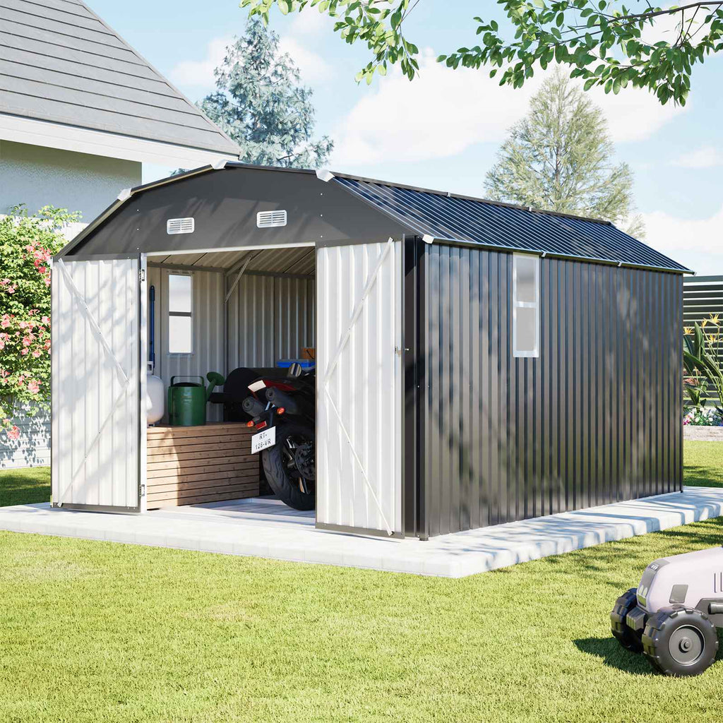 BIRCHTREE 10x12ft Gambrel Roof Metal Garden Shed Lockable Doors Window & Vents