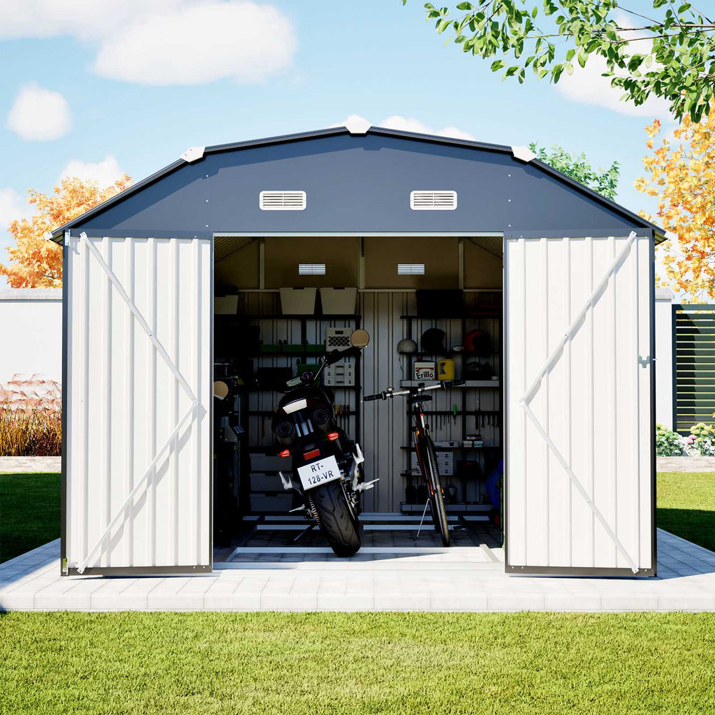 BIRCHTREE 10x12ft Gambrel Roof Metal Garden Shed Lockable Doors Window & Vents