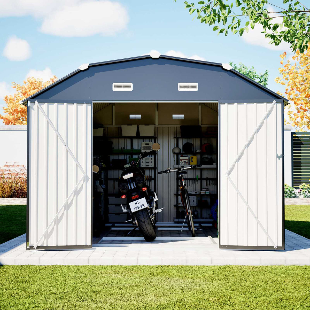 BIRCHTREE 10x12ft Gambrel Roof Metal Garden Shed Lockable Doors Window & Vents