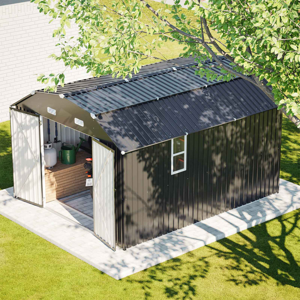 BIRCHTREE 10x12ft Gambrel Roof Metal Garden Shed Lockable Doors Window & Vents