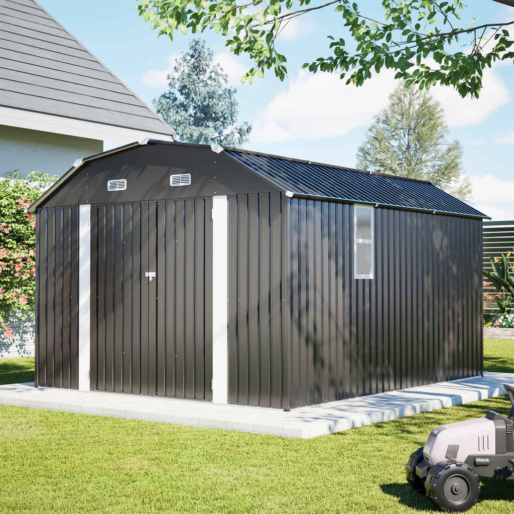 BIRCHTREE 10x12ft Gambrel Roof Metal Garden Shed Lockable Doors Window & Vents
