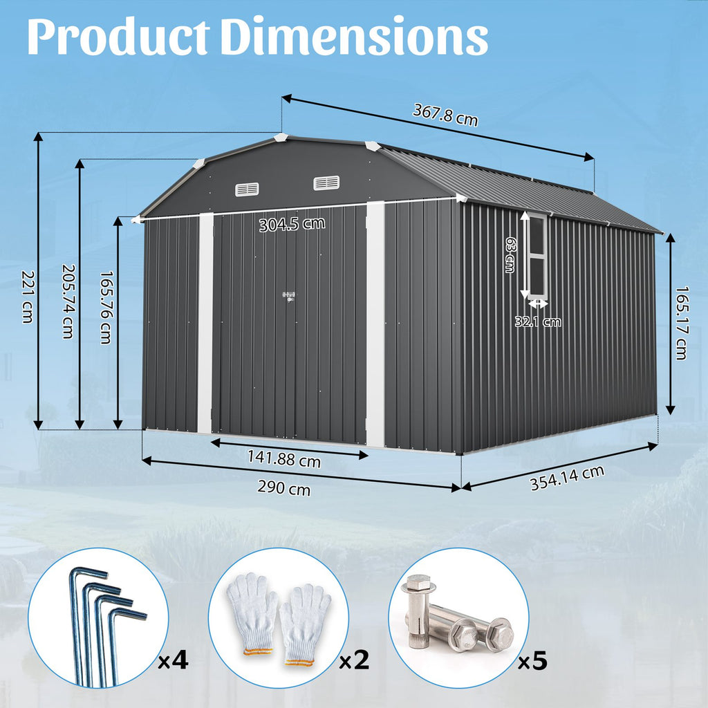 BIRCHTREE 10x12ft Gambrel Roof Metal Garden Shed Lockable Doors Window & Vents