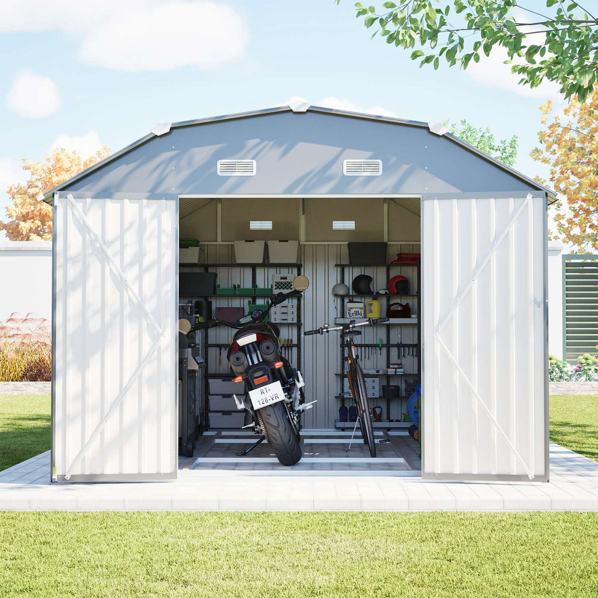BIRCHTREE 10x12ft Gambrel Roof Metal Garden Shed Lockable Doors Window & Vents