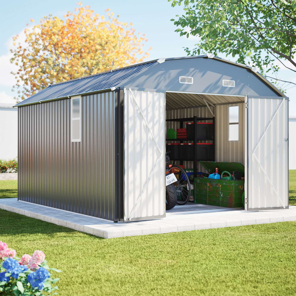 BIRCHTREE 10x12ft Gambrel Roof Metal Garden Shed Lockable Doors Window & Vents