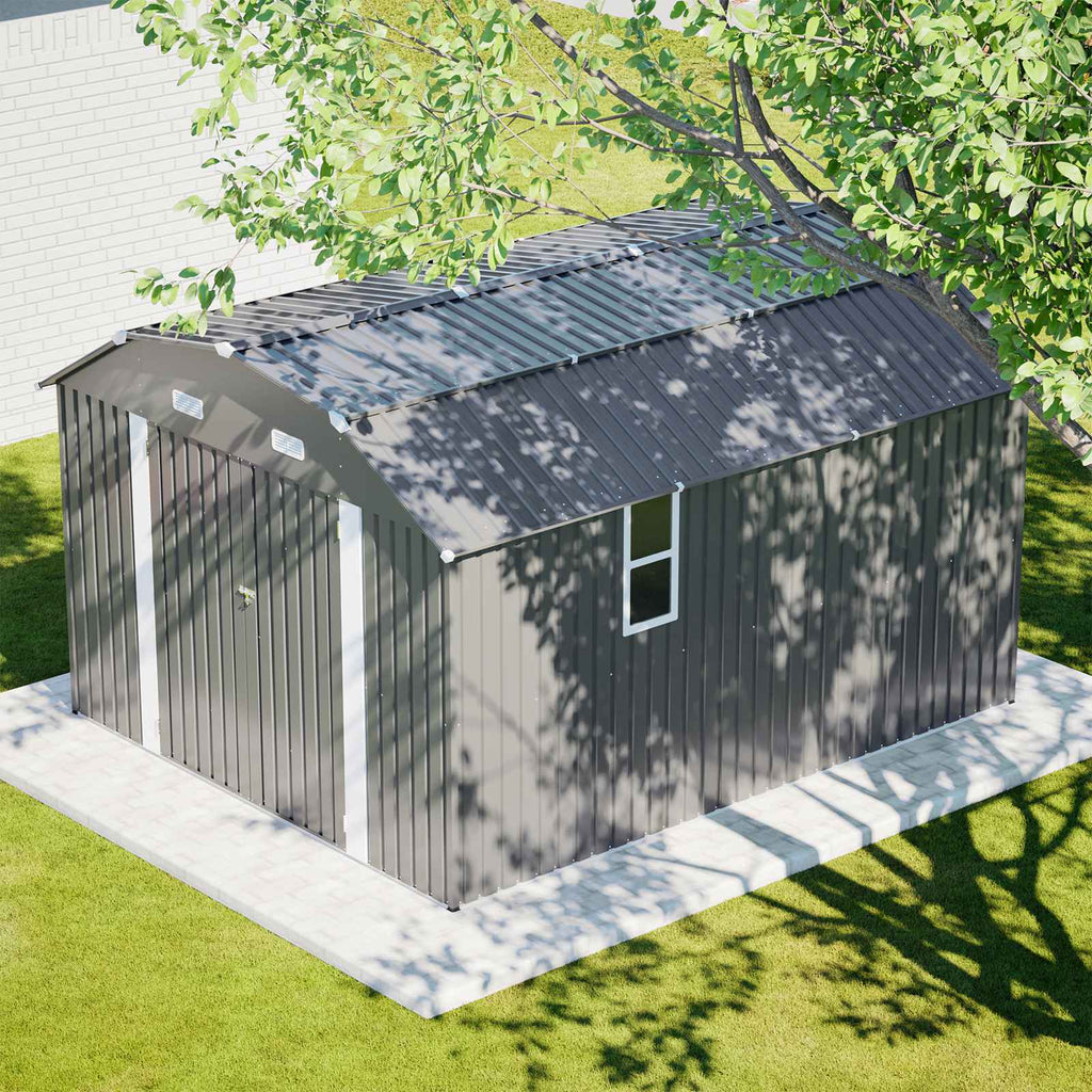 BIRCHTREE 10x12ft Gambrel Roof Metal Garden Shed Lockable Doors Window & Vents