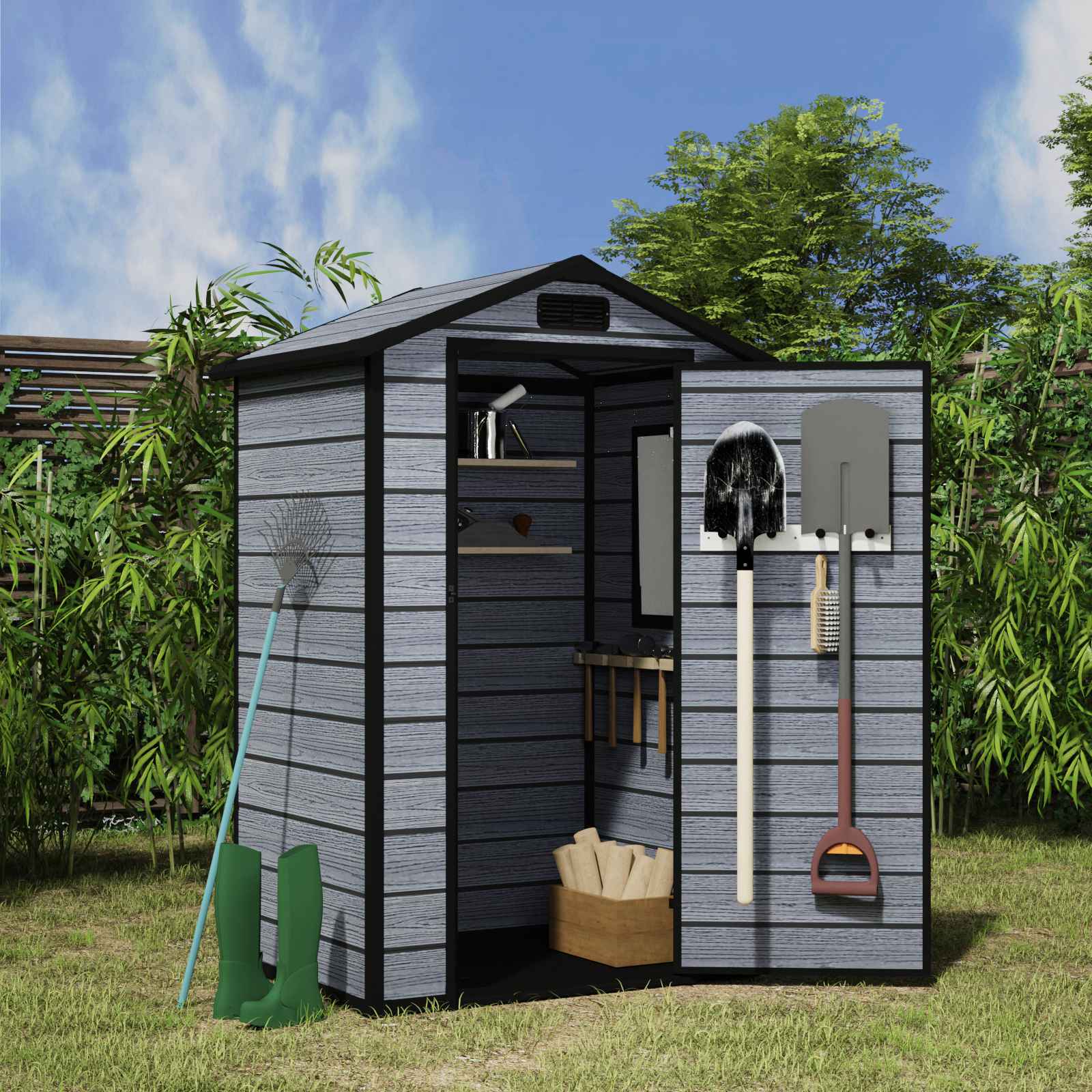 BIRCHTREE Plastic Garden Shed Wood Grain With Windows Grey