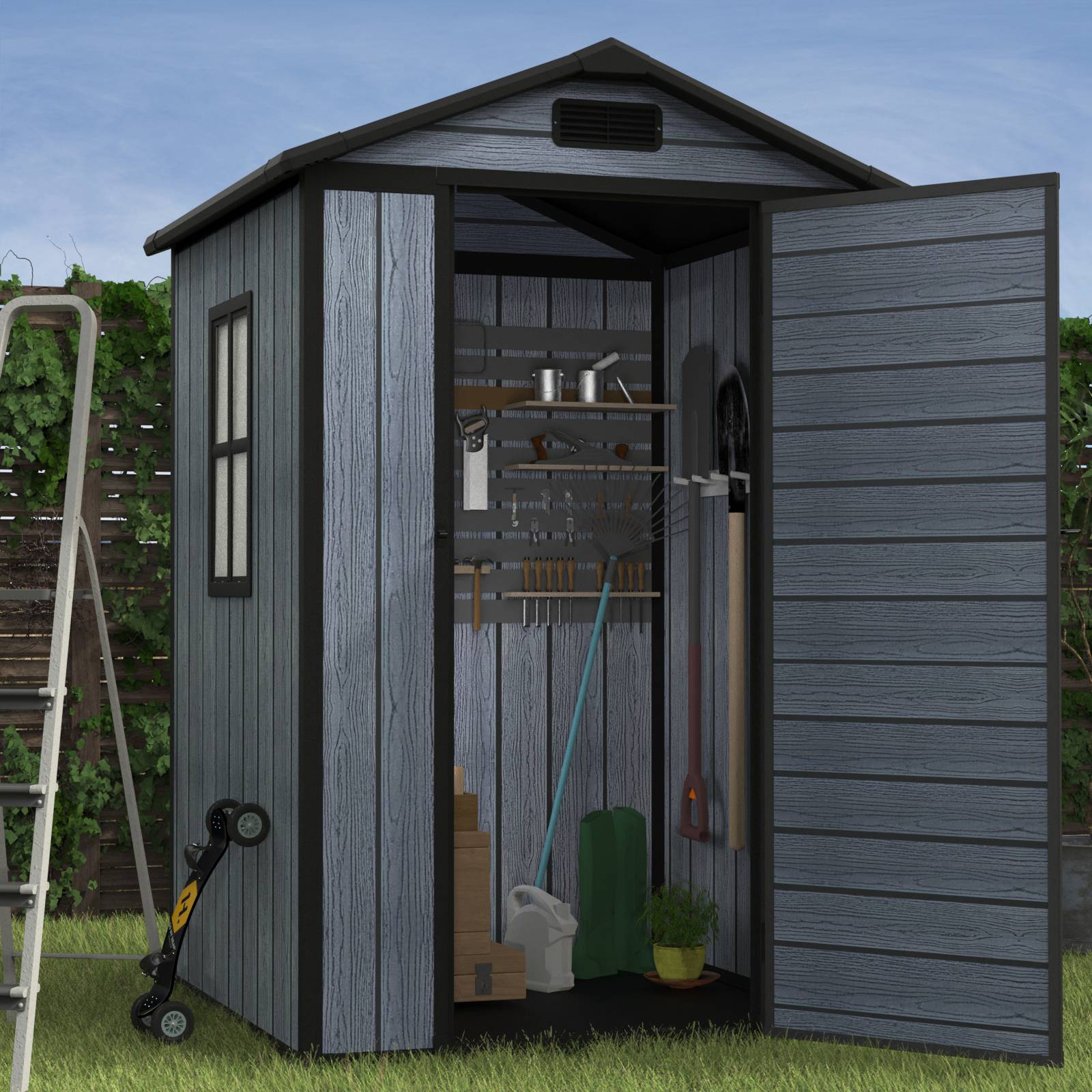 BIRCHTREE Plastic Garden Shed Wood Grain With Windows Grey