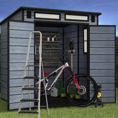 BIRCHTREE Plastic Garden Shed Wood Grain With Windows Grey