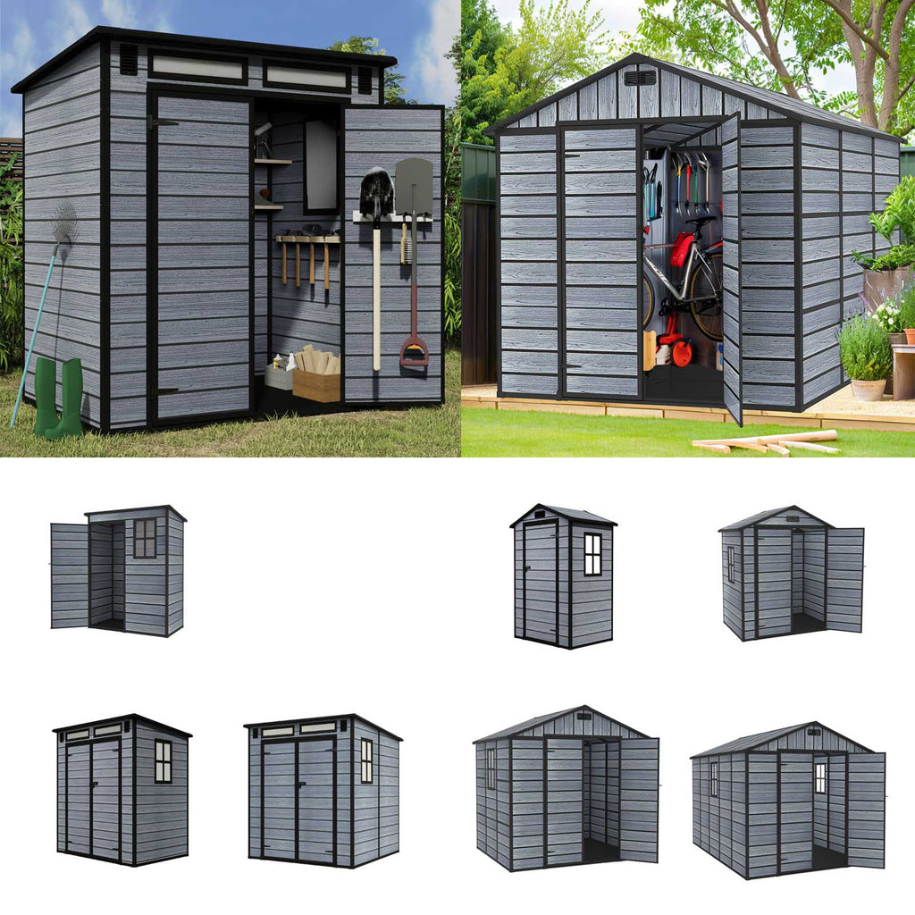 BIRCHTREE Plastic Garden Shed Wood Grain With Windows Grey