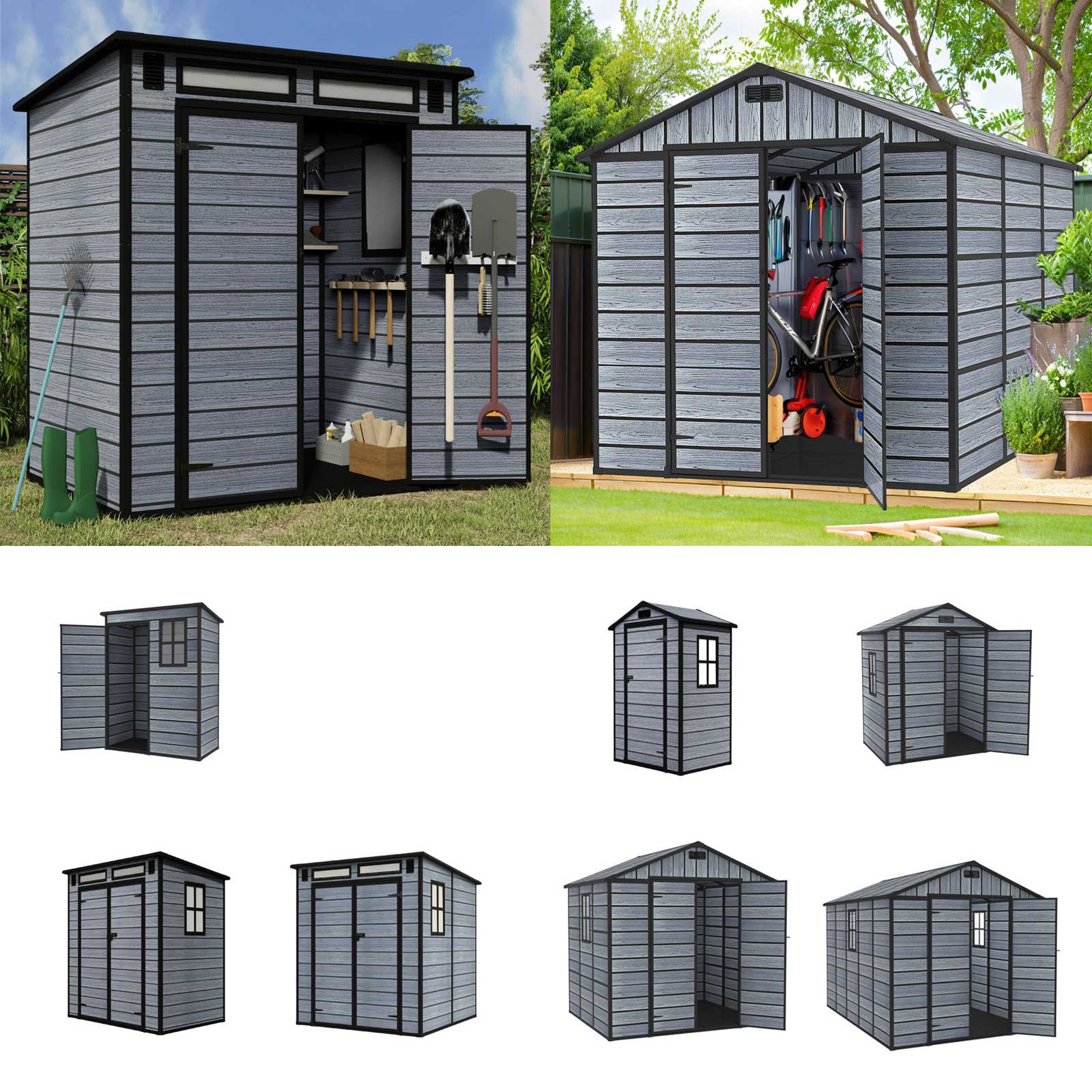 BIRCHTREE Plastic Garden Shed Wood Grain With Windows Grey