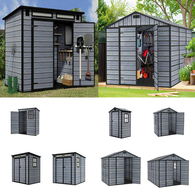 BIRCHTREE Plastic Garden Shed Wood Grain With Windows Grey