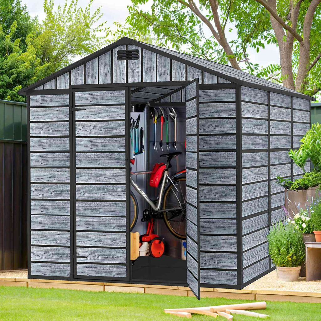 BIRCHTREE Plastic Garden Shed Wood Grain With Windows Grey