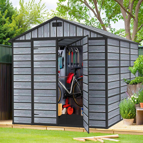 BIRCHTREE Plastic Garden Shed Wood Grain With Windows Grey
