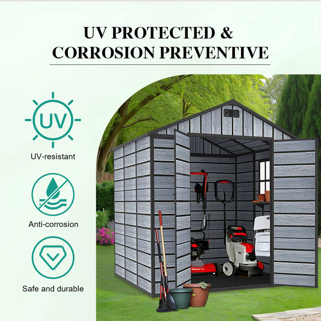 BIRCHTREE Plastic Garden Shed Wood Grain With Windows Grey