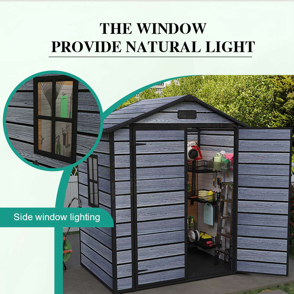 BIRCHTREE Plastic Garden Shed Wood Grain With Windows Grey